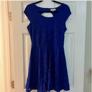 Royal blue midi dress with lace and a cut out back